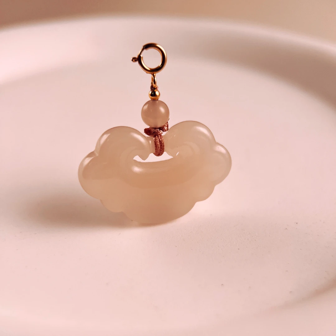 27×18×6如意锁正宗新疆和田玉青海野牛沟藕粉项链吊坠项链祥云锁