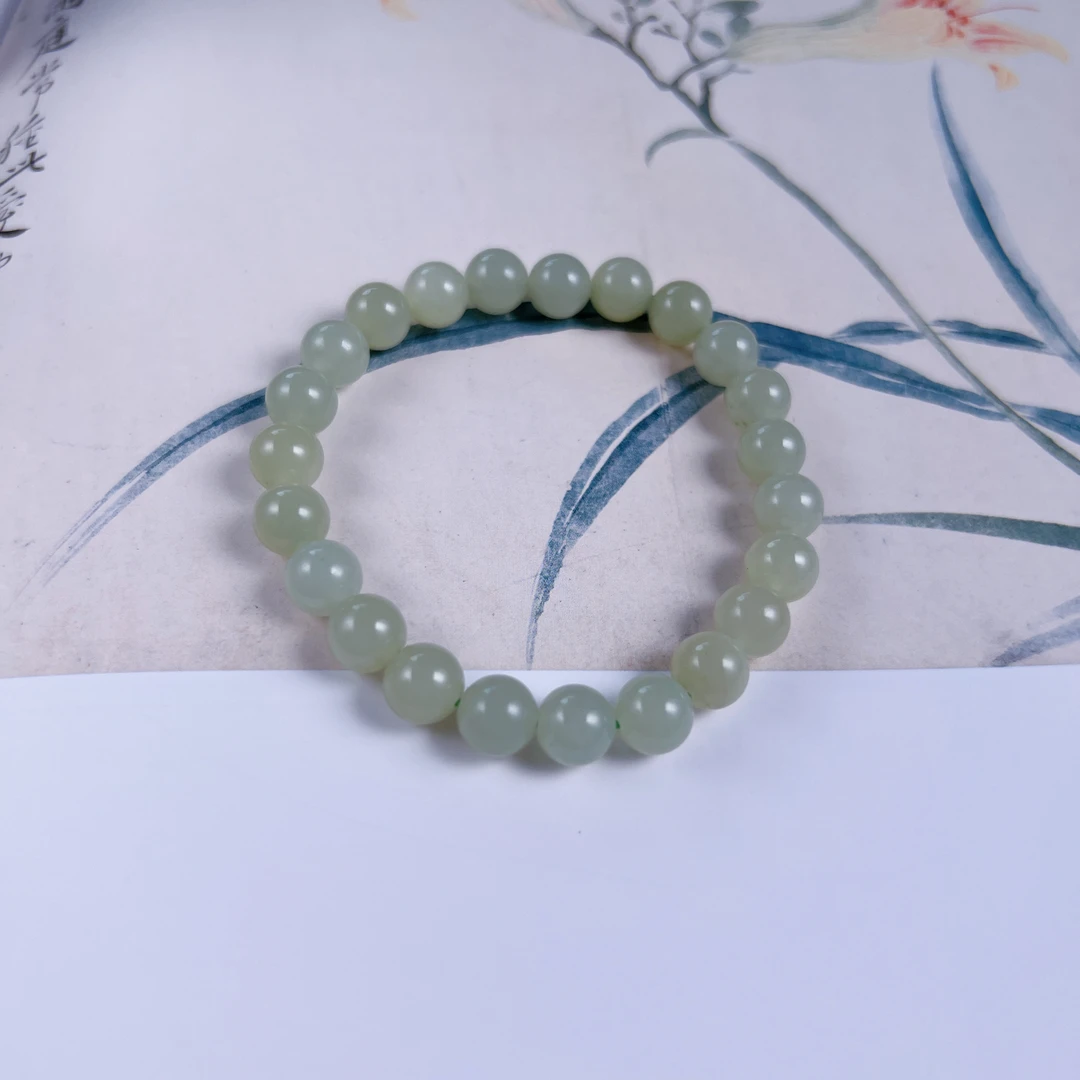 正宗新疆和田玉晴水珠链8mm手串老坑料素圈女士时尚清新