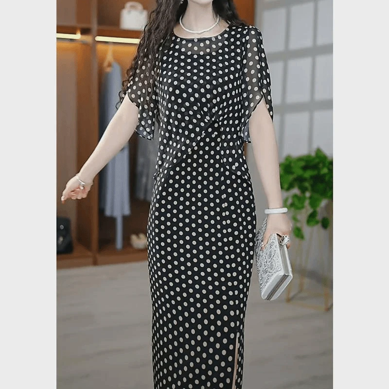 （汐）2025百搭气质波点不规则小衫侧开叉背心两件套套装裙中长过膝