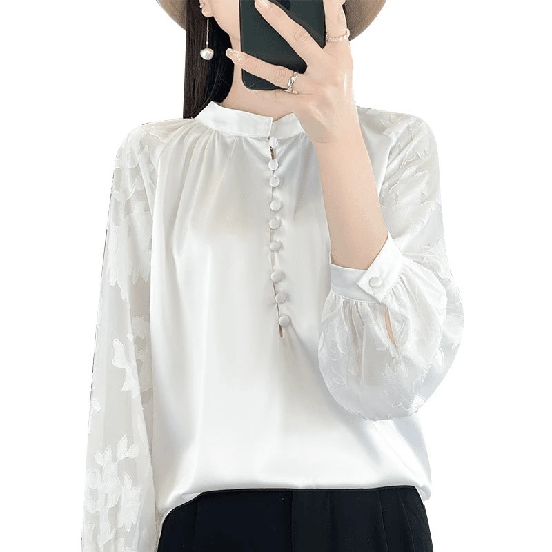 优雅风立领长袖衬衫女插肩袖套头内搭打底衫缎面真丝衬衣雪纺小衫