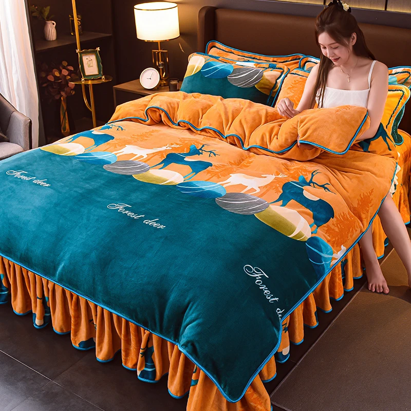 8斤-冬季加厚三件套牛奶绒四件套珊瑚绒保暖被套花边床单抗静电