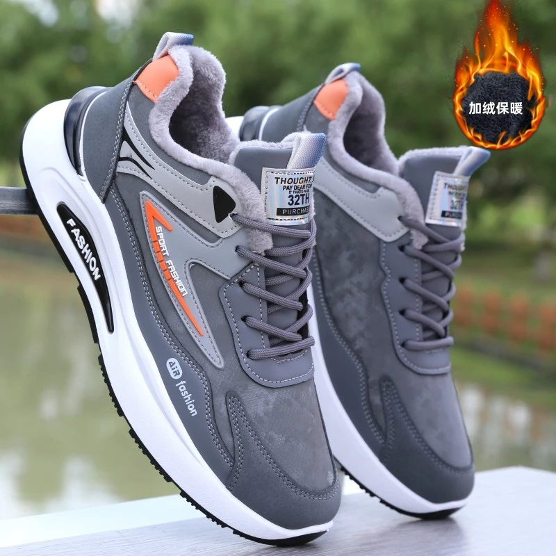 男鞋皮面防水跑步鞋冬季加绒保暖棉鞋男士运动休闲鞋子男复古潮鞋