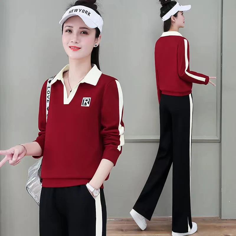 中年妈妈春秋女士新款气质V领长袖运动套装洋气阔腿裤大码两件套