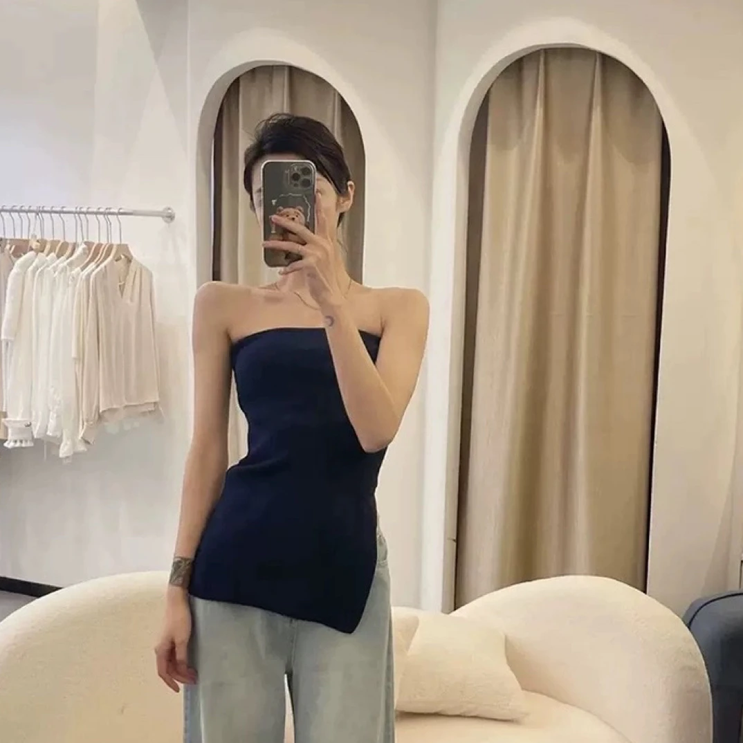 性感辣妹抹胸背心女夏季2024新款设计感小众外穿开叉显瘦别致上衣