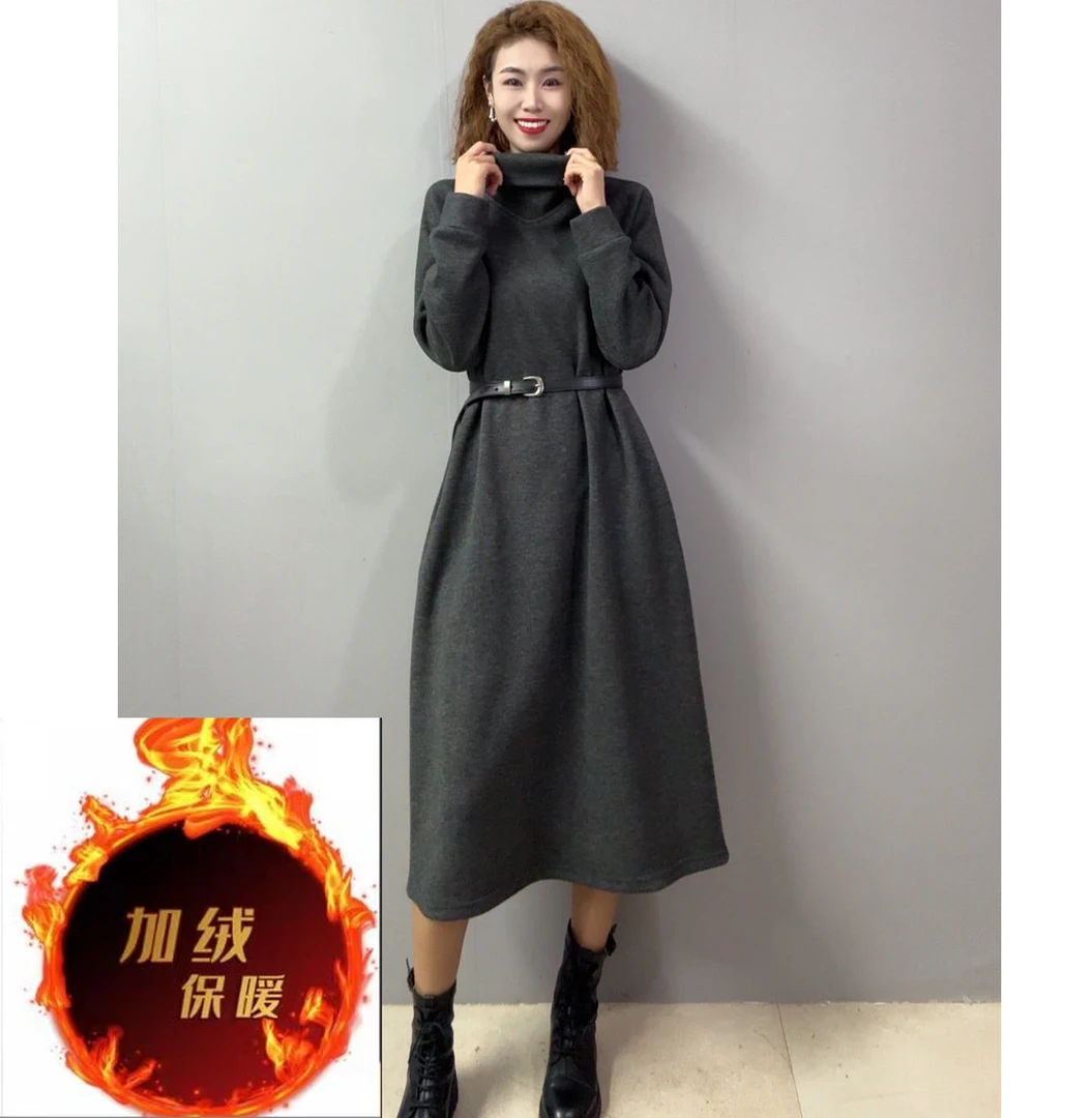 8465[品尚]秋冬季新款加绒显高中长款中老年大码连衣裙高领裙子