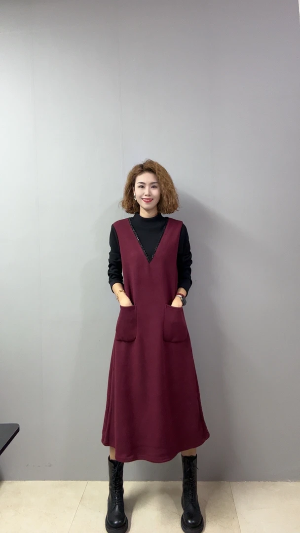 8469[品尚]秋冬季新款假两件中长款中老年大码连衣裙大口袋裙子