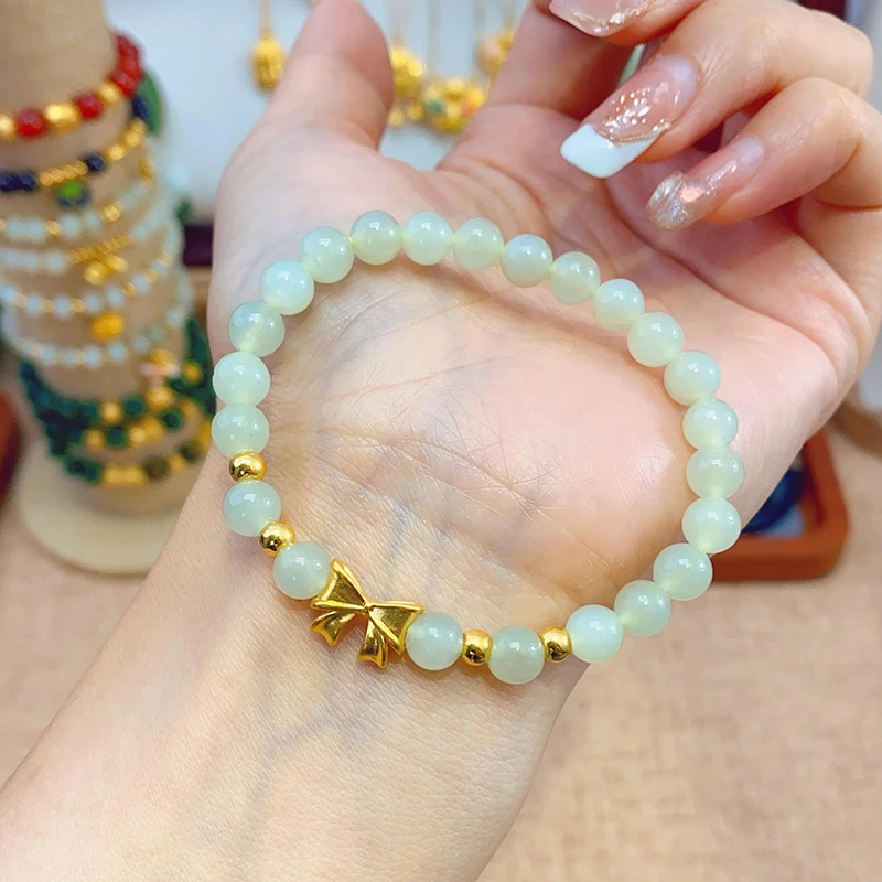 足金999蝴蝶结在逃公主系列天然和田玉手串百搭女士气质少女手链