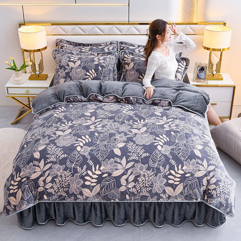 冬季加绒保暖加厚8-9斤牛奶绒四件套床裙款四件套牛奶绒双面绒