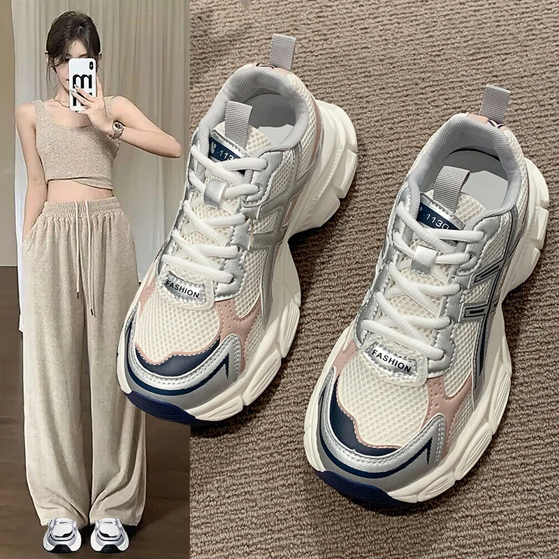 鞋里家厚底老爹鞋女2023秋季新款百搭增高炸街网面透气运动鞋夏潮