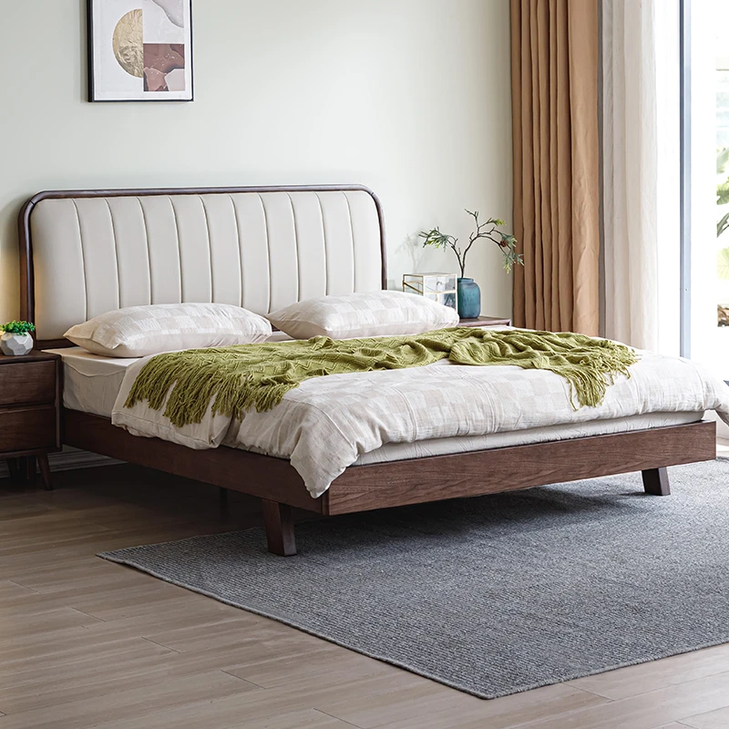 黑胡桃全实木床软靠真皮床现代简约中式1.8米1.5米主卧大床婚床