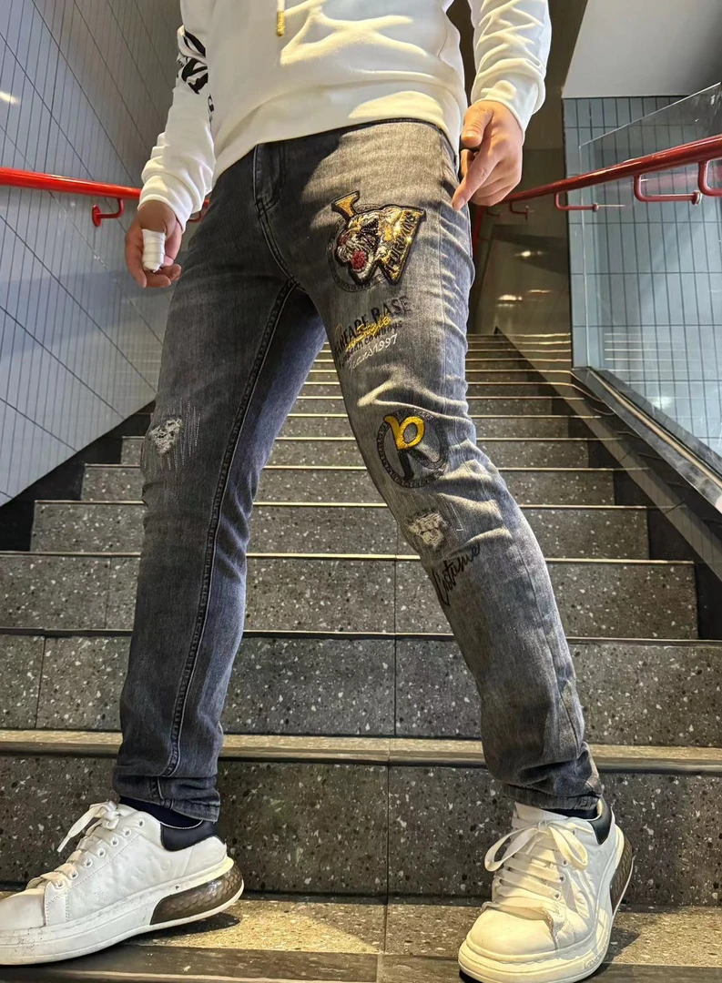 春夏款重工男士时尚修身男牛仔裤子牛仔裤做旧615