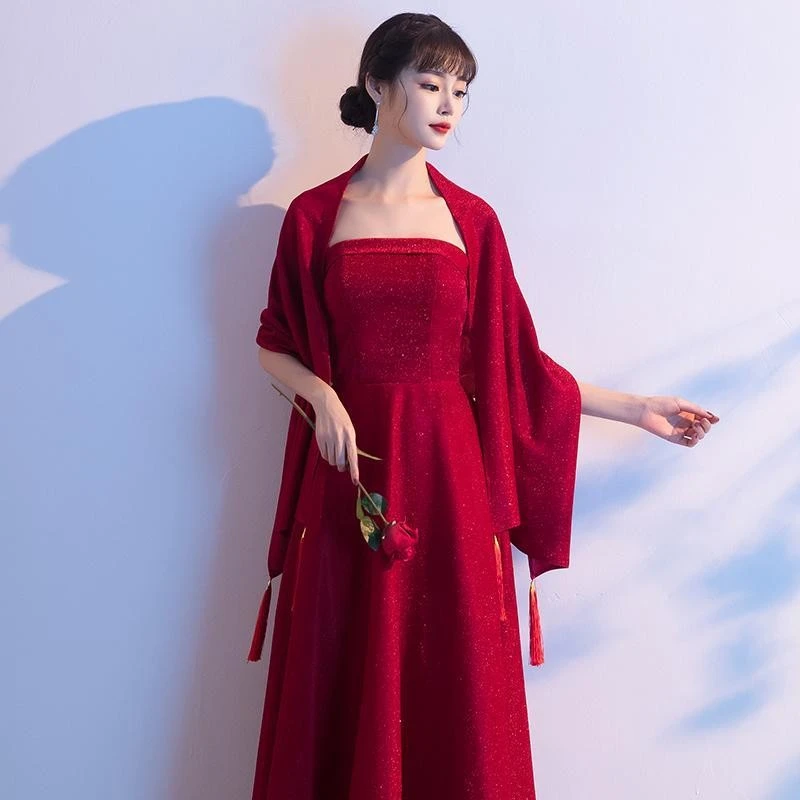 新娘婚纱披肩结婚礼服披风围巾斗篷外搭酒红色敬酒服女外套秋冬季