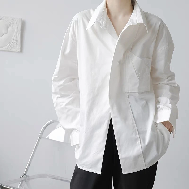 白衬衫男长袖痞帅韩版宽松百搭潮流休闲通勤衬衣潮纯色秋季白色