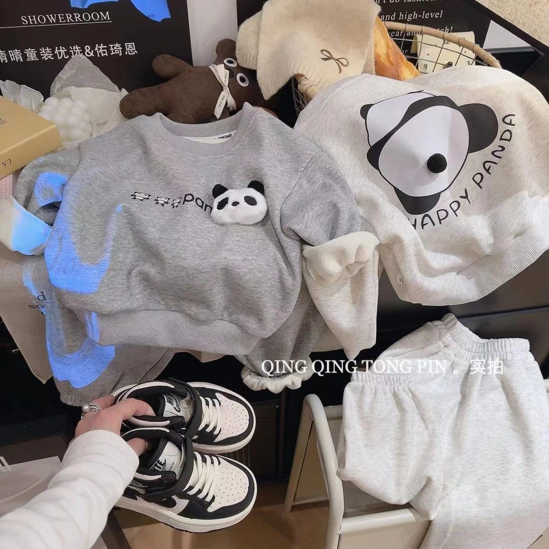 男童加绒卫衣洋气套装时髦宝宝韩系秋冬装加绒款立体熊猫套装