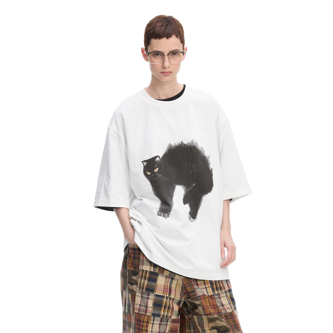 ANTERIOR LOVED黑猫印花纯棉高克重夏季宽松休闲情侣T恤短袖