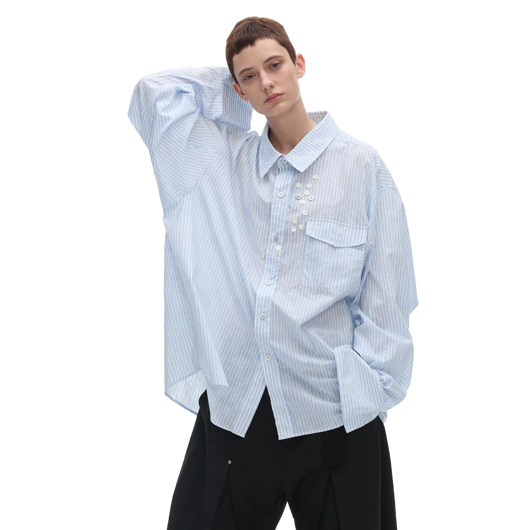 ANTERIOR LOVED 蓝条纹衬衫多纽扣装饰设计感翻领单排扣长袖外套