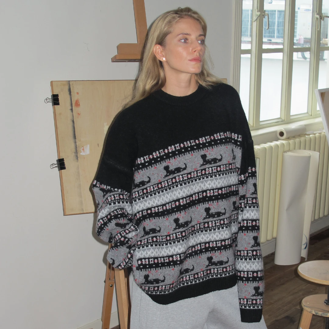 CasseSango狗狗提花撞色费尔岛复古花纹圣诞宽松保暖圆领套头毛衣