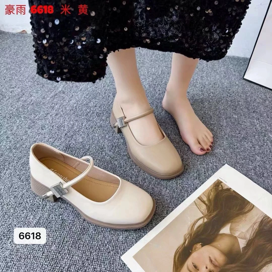 6618玛丽珍鞋女24春新款方头浅口百搭粗跟单鞋一字带高跟小皮鞋