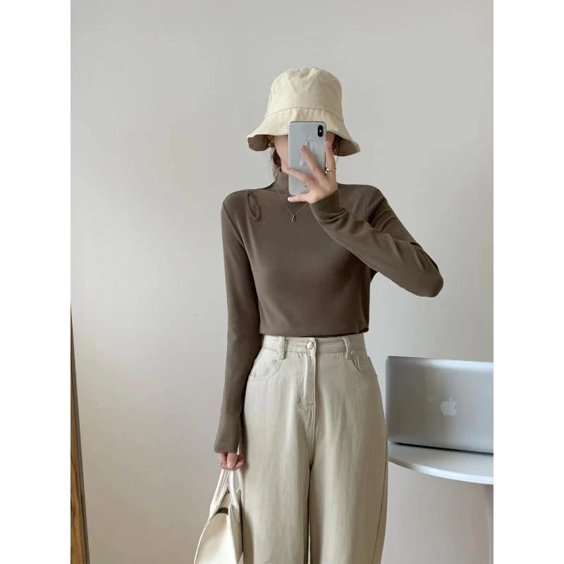 思情依人23105 半高领镂空正肩T恤显瘦内搭打底衫上衣