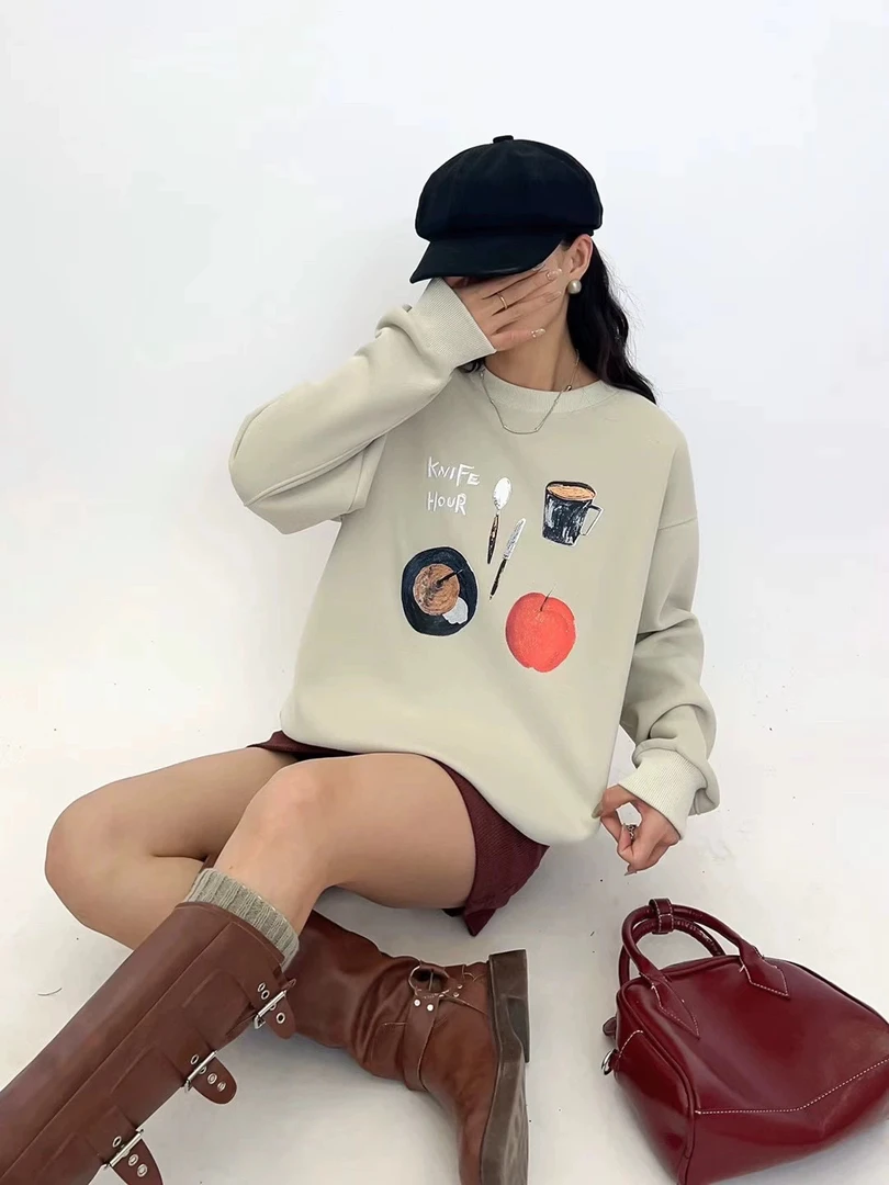 2709杭州高货苹果印花圆领卫衣加厚加绒休闲宽松上衣