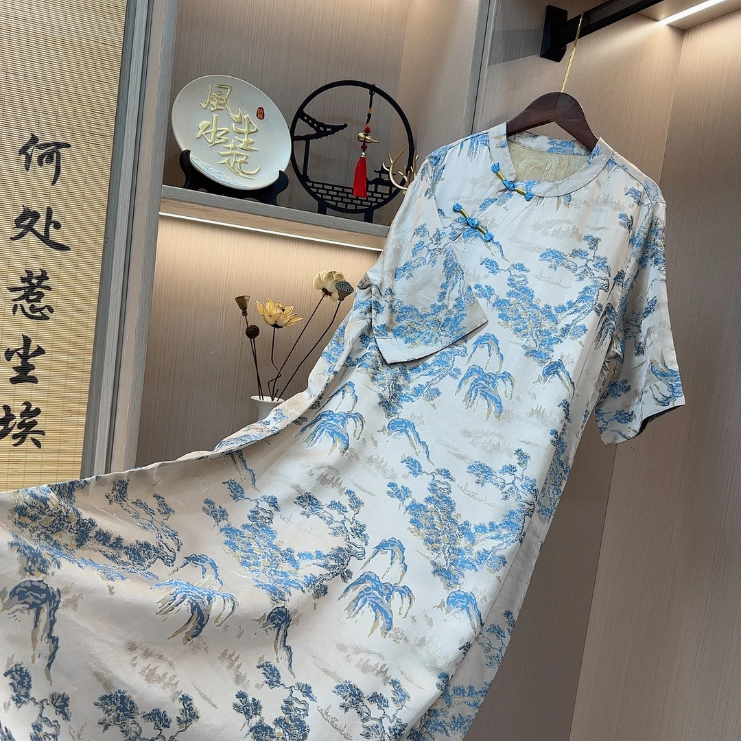 秀丽-复古新中式优雅女装中国风夏季遮肉显瘦宽松精致连衣裙