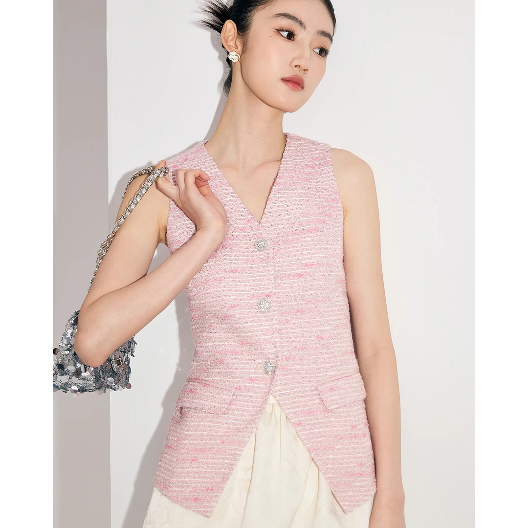 MandyZhang草莓粉小香风V领马夹上衣气质显瘦马甲