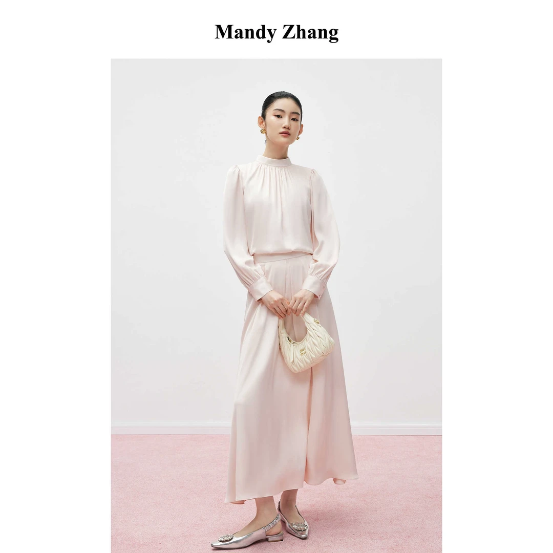 MandyZhang千金白月光法式高级感白色立领缎面长袖衬衫女套装裙子
