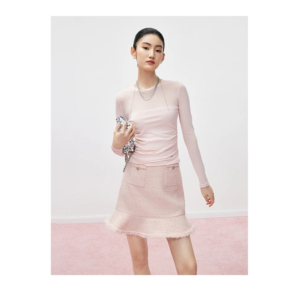 Mandy Zhang法式气质轻薄粉色长袖t恤女秋冬季上衣