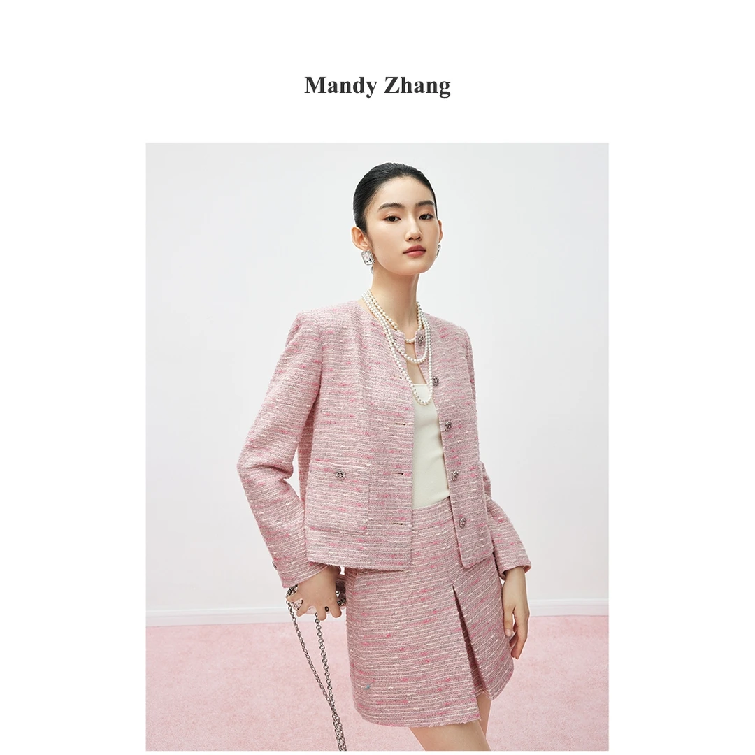 Mandy Zhang法式气质花纱粉小香风短外套女春秋季高级感时尚上衣