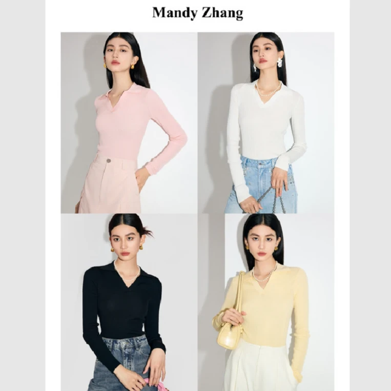 【Mandy Zhang】法式简约翻领天丝长袖针织衫女秋真丝气质百搭显瘦