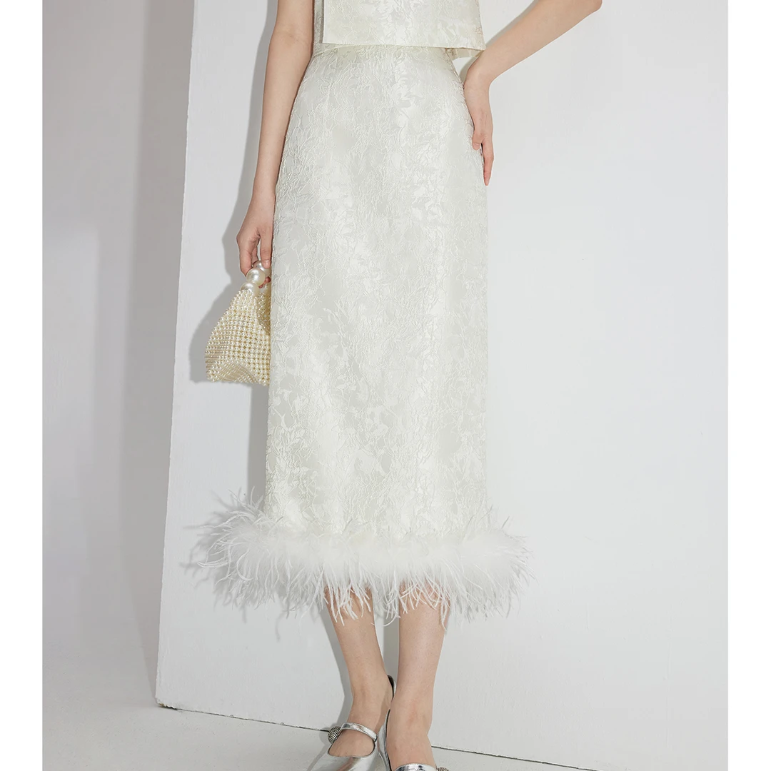 【彭彭echo专属】新中式白色直筒高腰半身裙女秋季毛边设计提花裙子