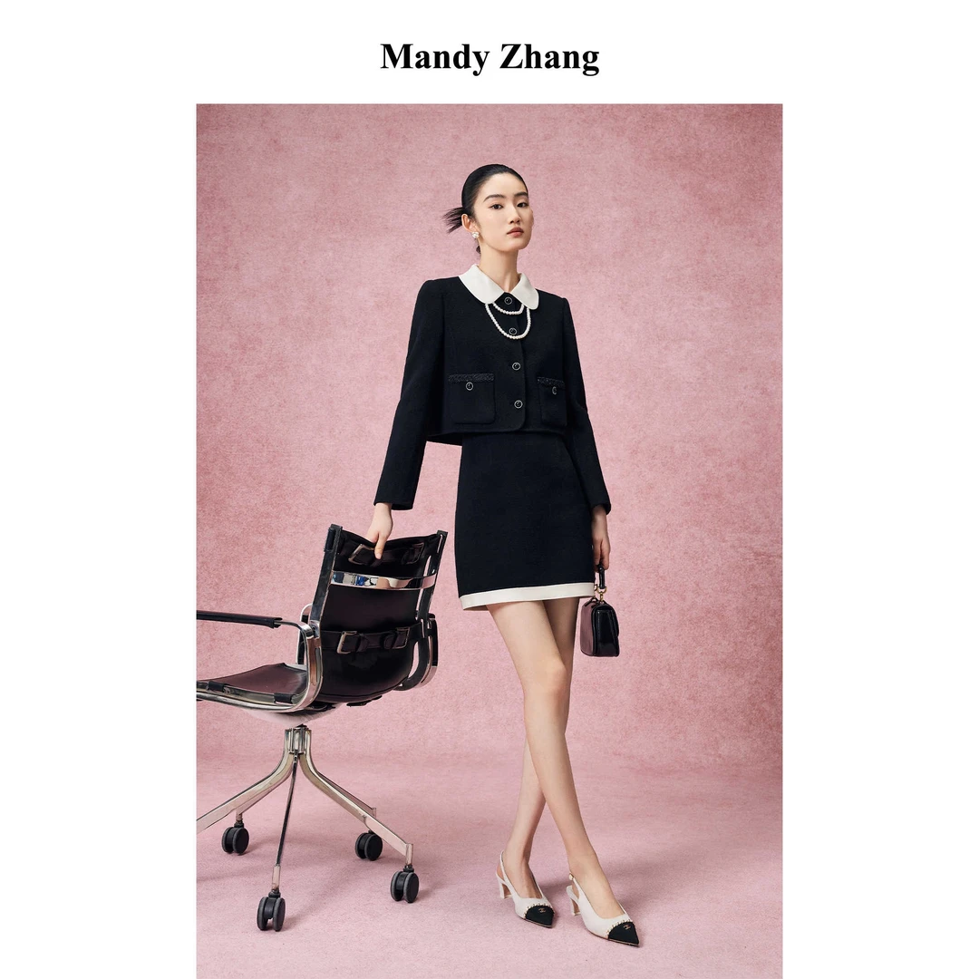 【Mandy Zhang】100%绵羊毛黑色双面呢小香风外套女冬气质上衣