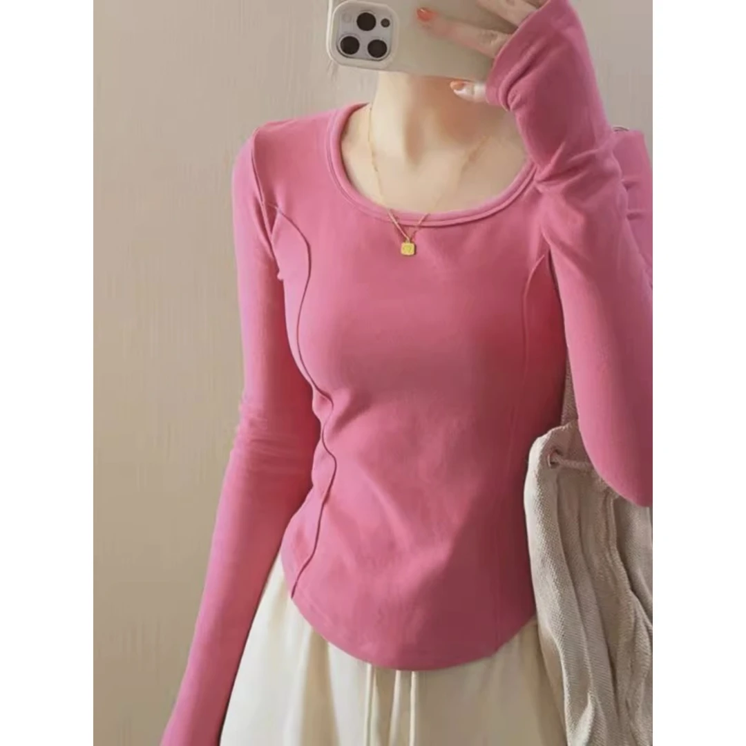 上衣秋冬款女2025新款德绒方领锁骨T恤女装内搭修身鱼骨打底长袖