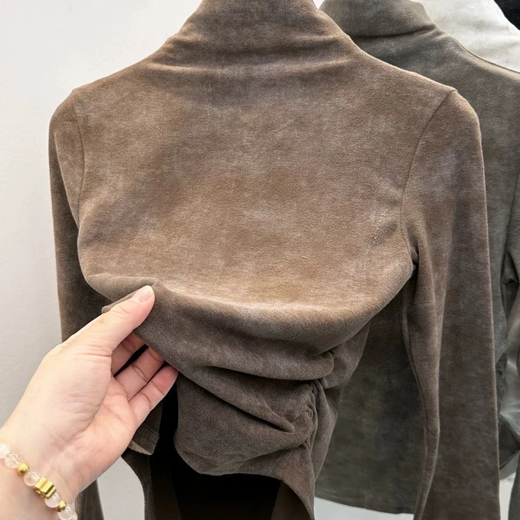 美拉德扎染半高领双面德绒打底衫女秋冬新款保暖修身显瘦长袖T恤