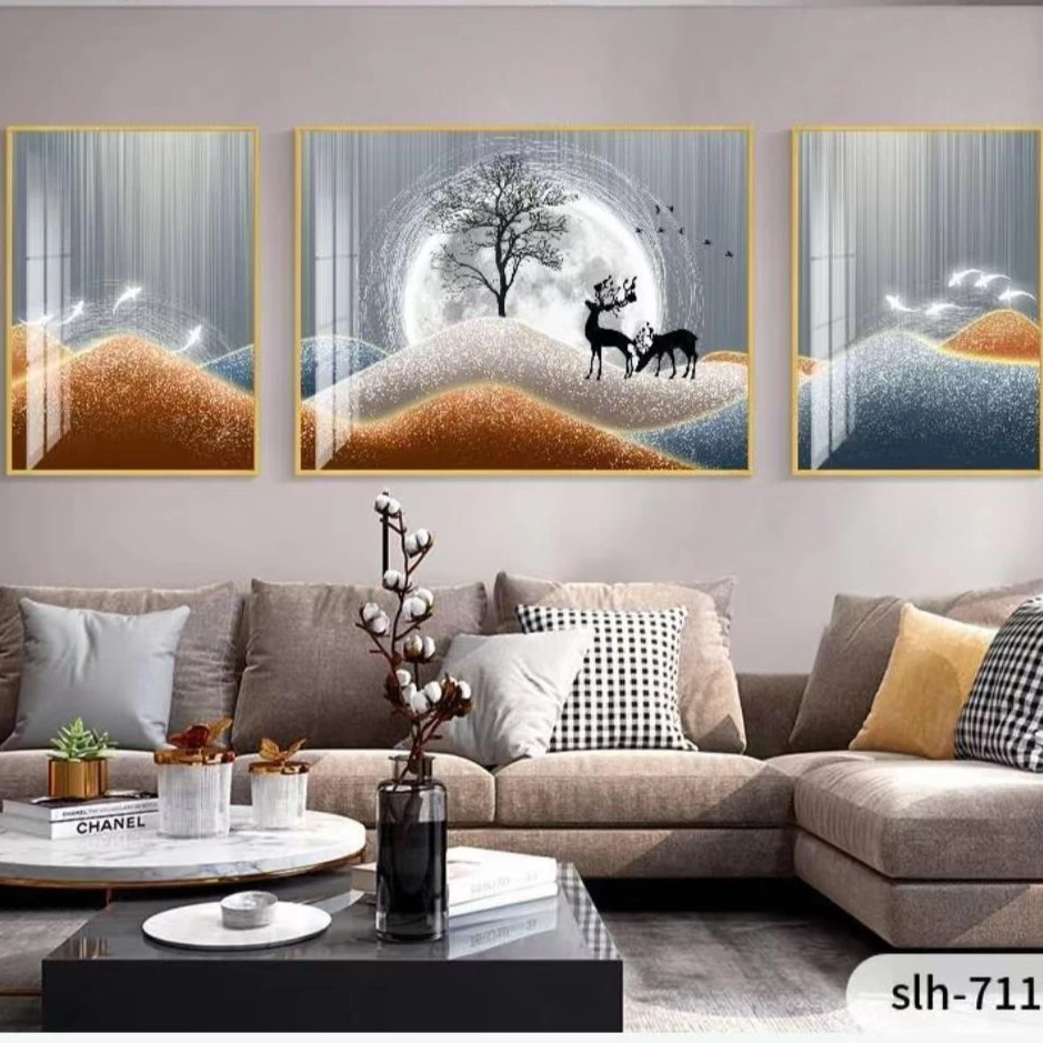 溪林美 晶瓷画 三联画 轻奢客厅装饰画沙发背景墙挂画