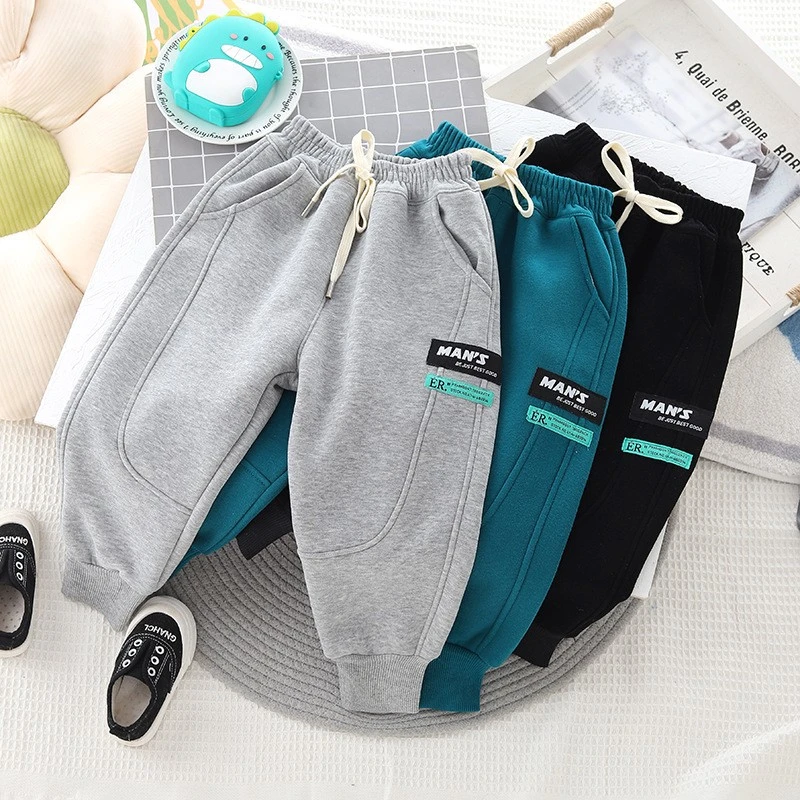 儿童秋冬加绒卫裤中大童休闲运动裤2023刺绣加绒卫裤奥利绒时尚