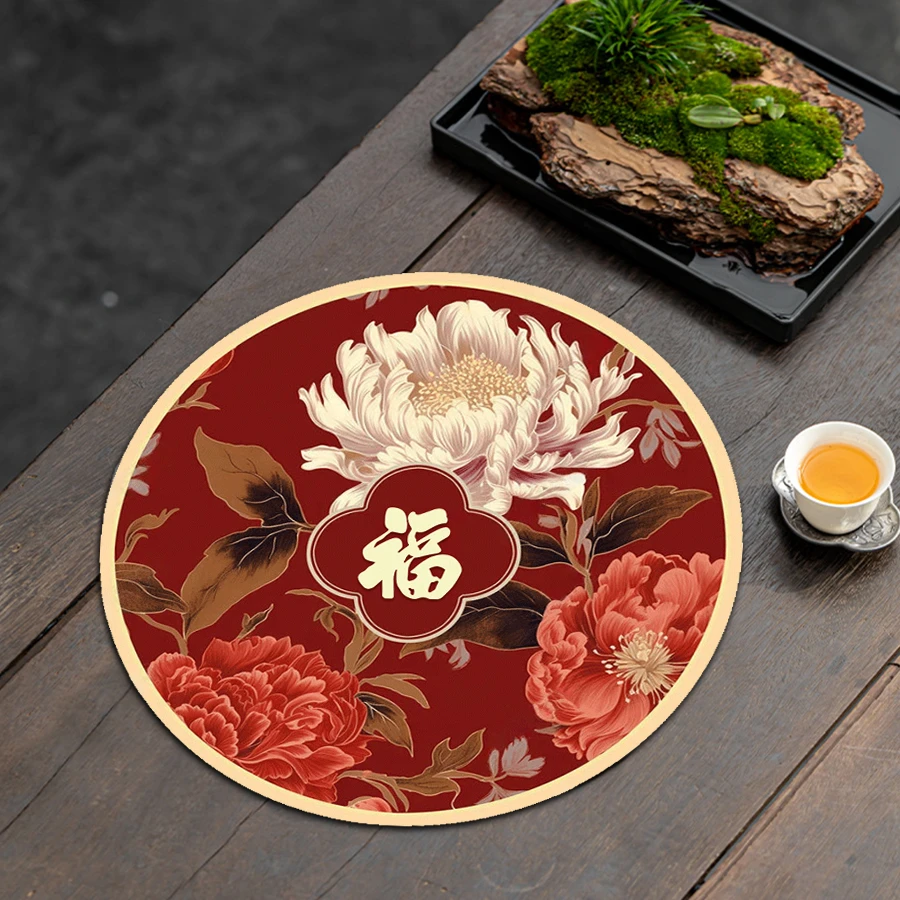 新款花开富贵圆形40厘米茶桌垫杯垫吸水垫防滑橡胶底红色软垫子