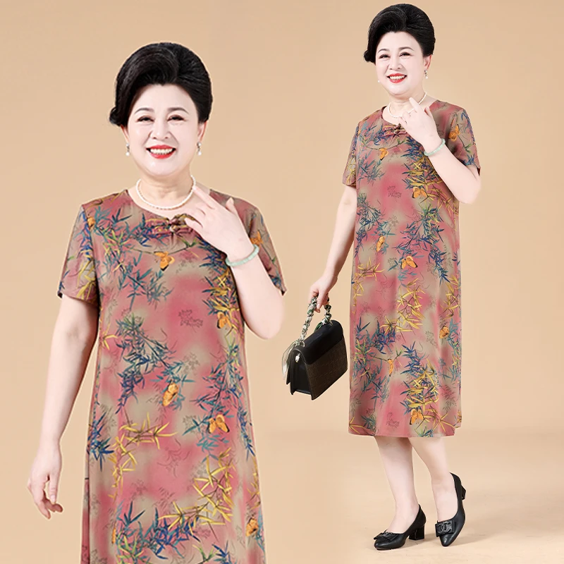 高贵母亲衣服夏季新中式盘扣洋气印花连衣裙大码中老年女装裙子