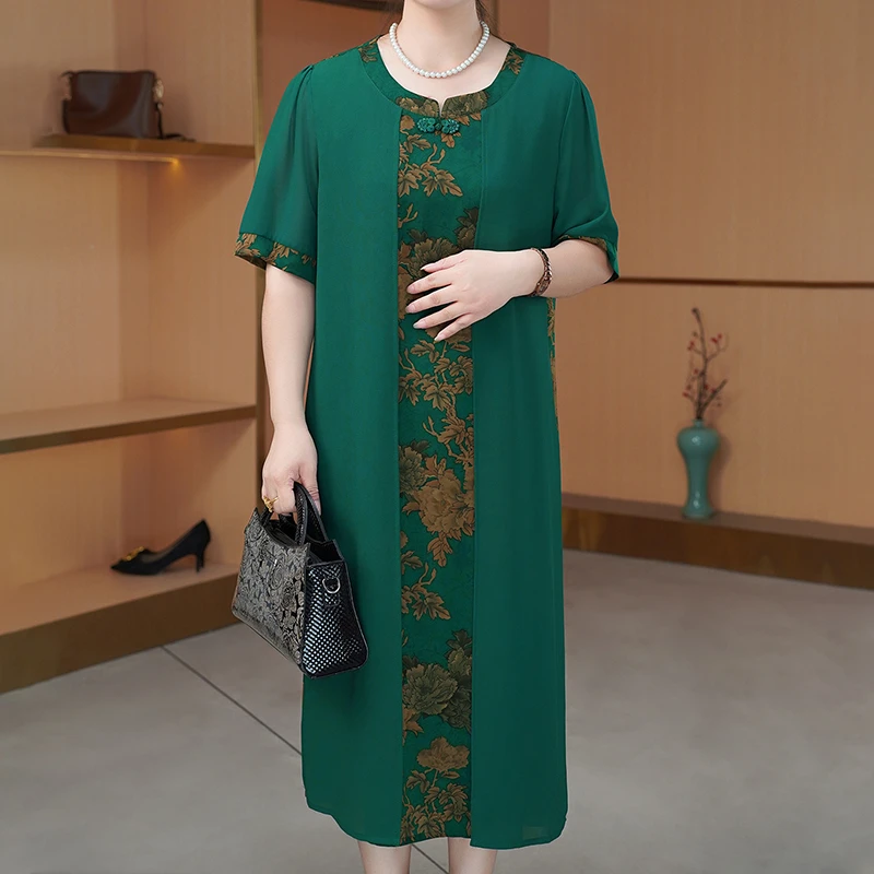 中老年女装妈妈装新中式时尚气质薄款印花盘扣设计连衣裙大码女装