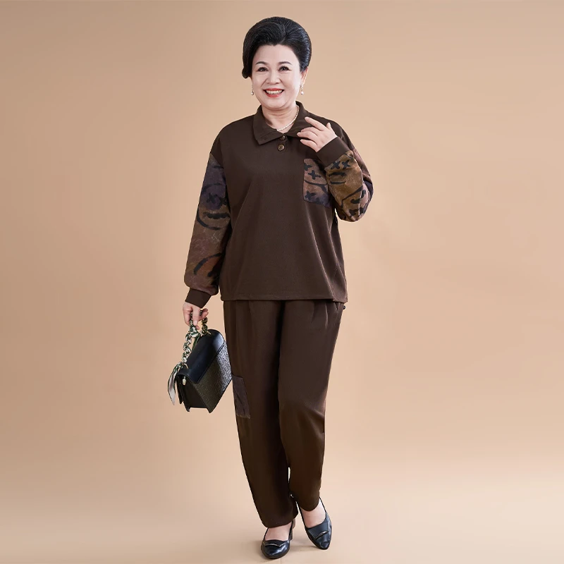 洋气母亲衣服春秋新款polo领两粒扣上衣直筒裤两件套大码妈妈装女