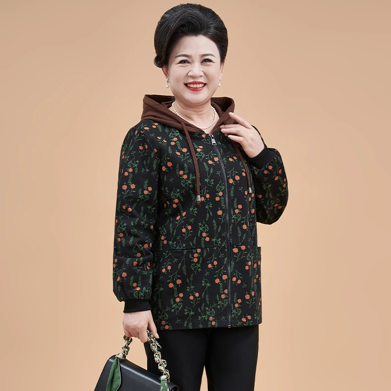 春秋新款连帽拉链款拼接长袖外套中老年女装妈妈装时尚显瘦上衣女