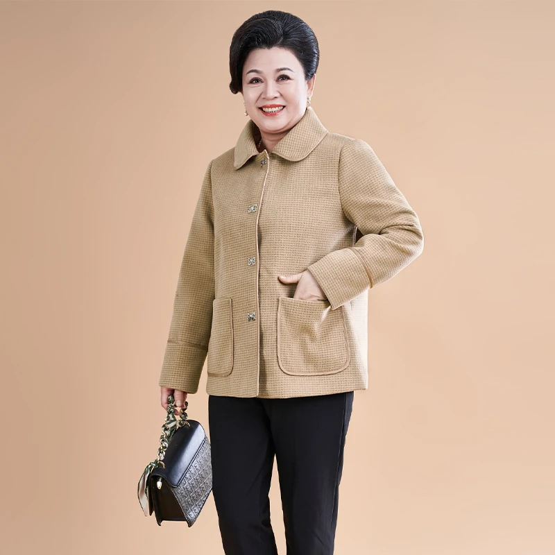 春秋新款时尚翻领单排蝴蝶扣装饰外套大码妈妈装洋气拼接上衣女装