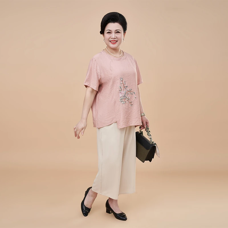 夏季新中式刺绣圆领短袖两件套显瘦妈妈国风套装宽松大码套装女装