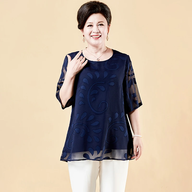 高贵母亲衣服夏季薄款透气短袖胖妈妈宽松大码小衫母亲洋气衣服女