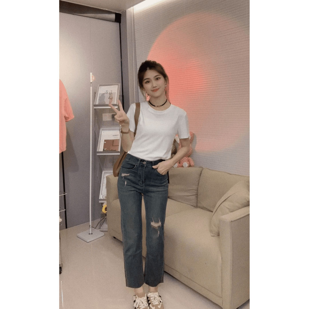 2024年夏季新款高腰显瘦直筒九分裤水洗牛仔裤女弹力小个子烟管裤