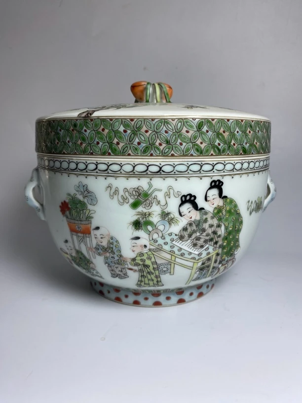 古彩人物美人带子图粥罐