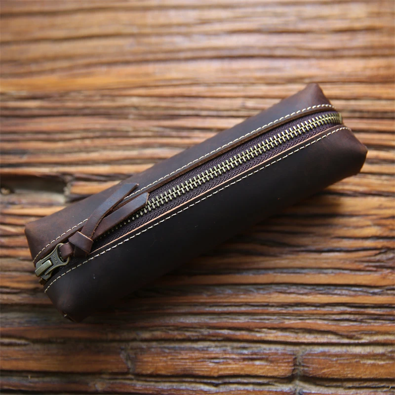 复古疯马手工大容量男士简约笔袋头层牛皮铅笔袋学生真皮文具盒潮