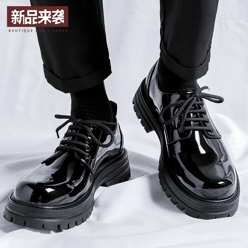 男士新款小皮鞋休闲亮面潮流商务男鞋厚底英伦风大头低帮皮鞋男款