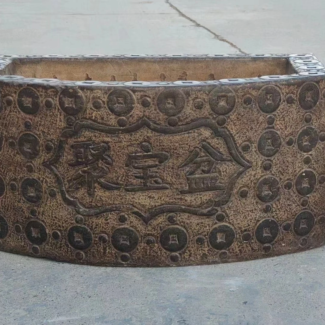 民俗石雕 下乡遇得金钱聚宝盆，金钱石盆可搭配流水，可养鱼，全品，