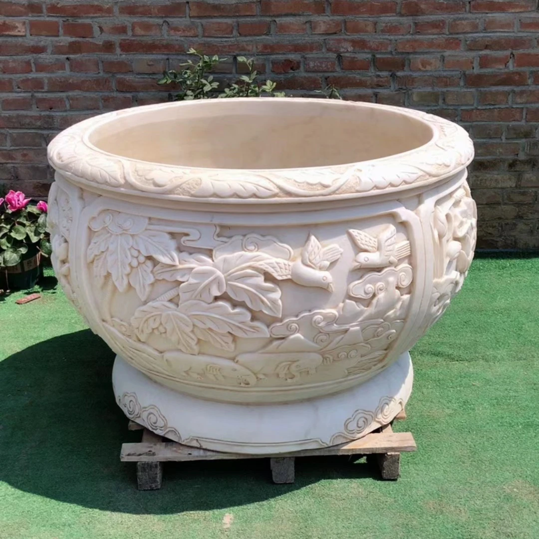 民俗石雕 汉白玉门海圆缸，年年有余，鸟语花香，财源滚滚